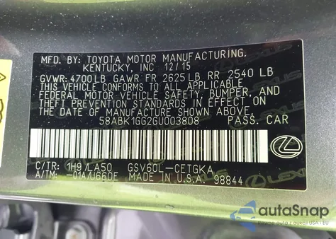 2016 Lexus Es 350 from USA, damaged, VIN 58ABK1GG2GU003808